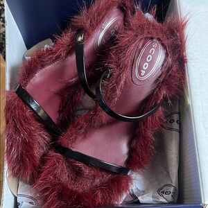 Scoop Burgundy Faux-Fur Strap Heels for Women